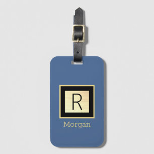 Etiqueta De Bagagem Nome & Monograma, Caixa Preta & Dourada, Azul Médi