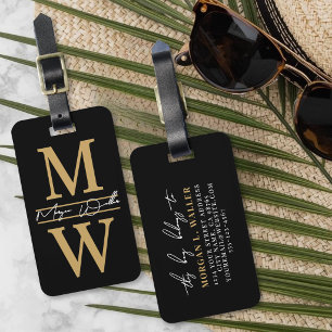 Etiqueta De Bagagem Nome Monograma Elegante Dourado Preto