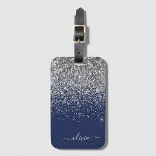 Etiqueta De Bagagem Nome Monograma Glitter Azul Marinho Prata Feminino