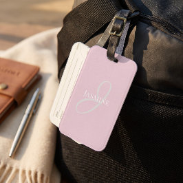 Etiqueta De Bagagem Nome Monograma Rosa Claro Branco Elegante Feminino
