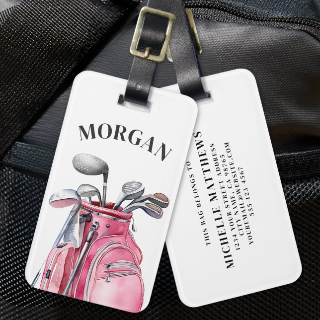 Etiqueta De Bagagem Nome Monograma Rosa Golfe (Pink Monogram Name Golf Luggage Tag)