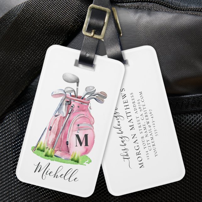 Etiqueta De Bagagem Nome Monograma Rosa Golfe (Pink Monogram Name Golf Luggage Tag)