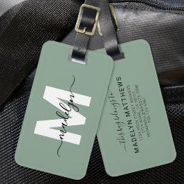 Etiqueta De Bagagem Nome Monograma Verde Salvia Personalizado Moderno