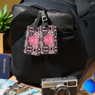 Etiqueta De Bagagem Nome Monogramado Floral em Aquarela Rosa Elegante