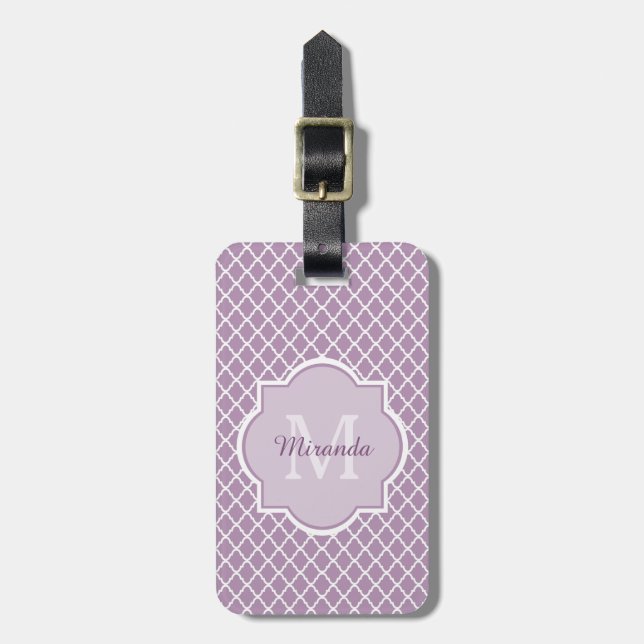 Etiqueta De Bagagem Nome Monogrammed roxo de Quatrefoil da lavanda (Frente Vertical)
