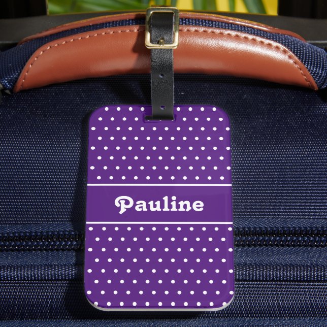 Etiqueta De Bagagem Nome Personalizado Bolinhas Roxo Escuro e Branco (Frente Insitu 2)