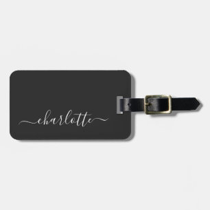 Etiqueta De Bagagem Nome Personalizado com Letra Elegante Preto e Bran
