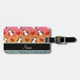 Etiqueta De Bagagem Nome personalizado: corações de pinguins com brilh