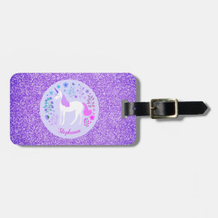 Etiqueta De Bagagem Nome Personalizado da Glitter Roxo Unicórn