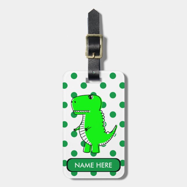 Etiqueta De Bagagem Nome Personalizado do Dinossauro Verde Bolinhas (Frente Vertical)