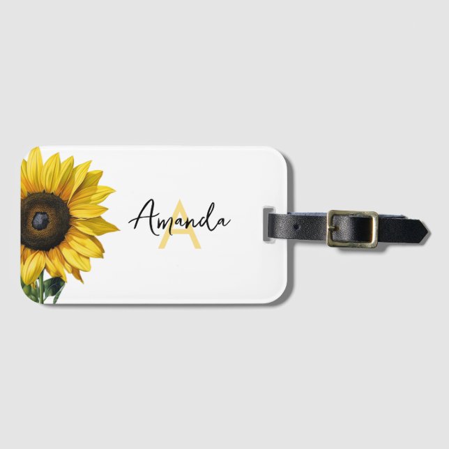 Etiqueta De Bagagem Nome Personalizado do Girassol Amarelo da Aquarela (Frente Horizontal)