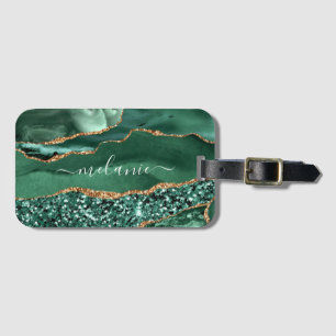 Etiqueta De Bagagem Nome Personalizado do Marble de Geodo Glitter Verd