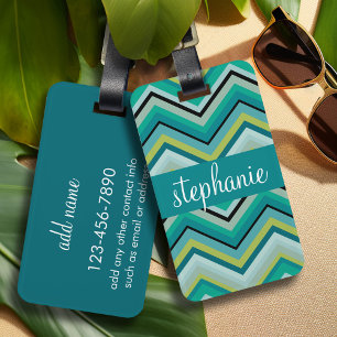 Etiqueta De Bagagem Nome Personalizado do Padrão Chevron Teal e Green