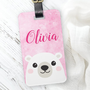 Etiqueta De Bagagem Nome personalizado do urso polar, cor-de-rosa