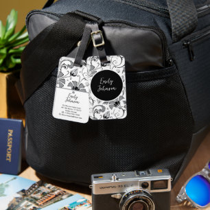 Etiqueta De Bagagem Nome Personalizado Floral Preto Branco