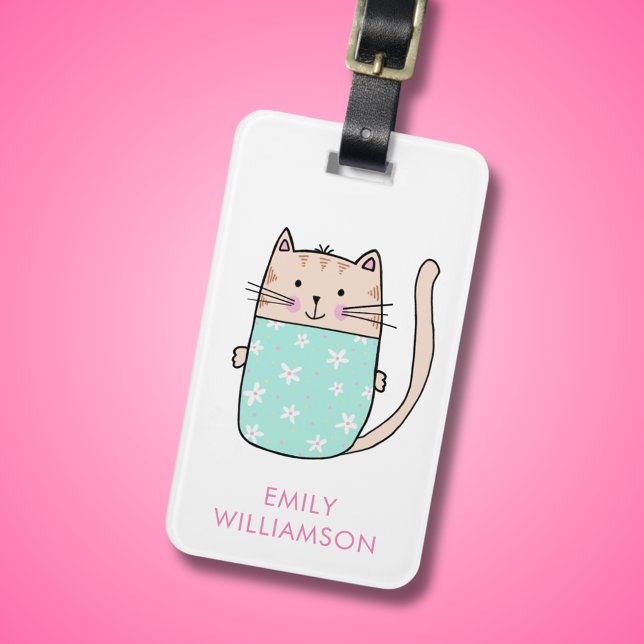 Etiqueta De Bagagem Nome personalizado, gata de ilustração (Cute cat illustrated luggage tag)