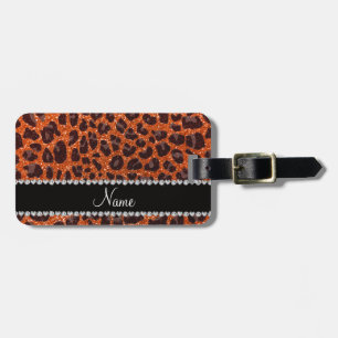 Etiqueta De Bagagem Nome personalizado glitter laranja impressão leopa