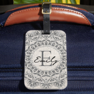 Etiqueta De Bagagem Nome Personalizado Mandala Cinza Monocromática Mon