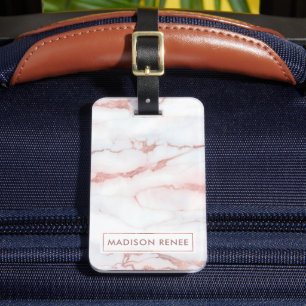 Etiqueta De Bagagem Nome Personalizado Mármore Branco Dourado Rosa