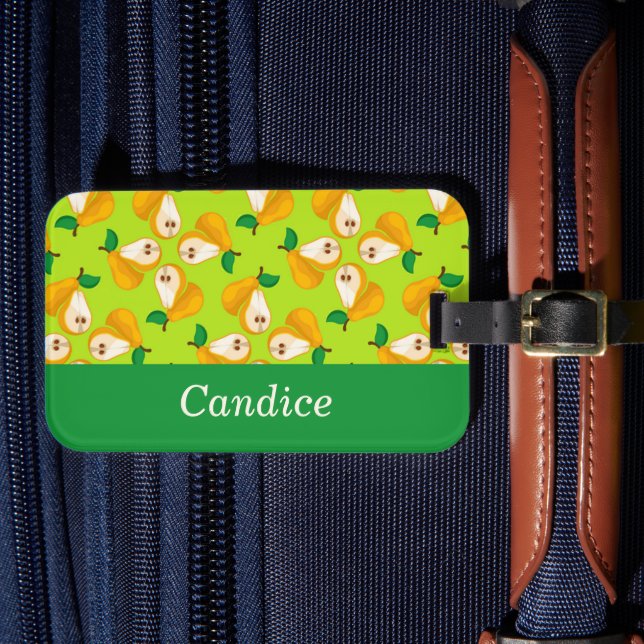Etiqueta De Bagagem Nome personalizado pera laranja em verde (Frente Insitu 4)
