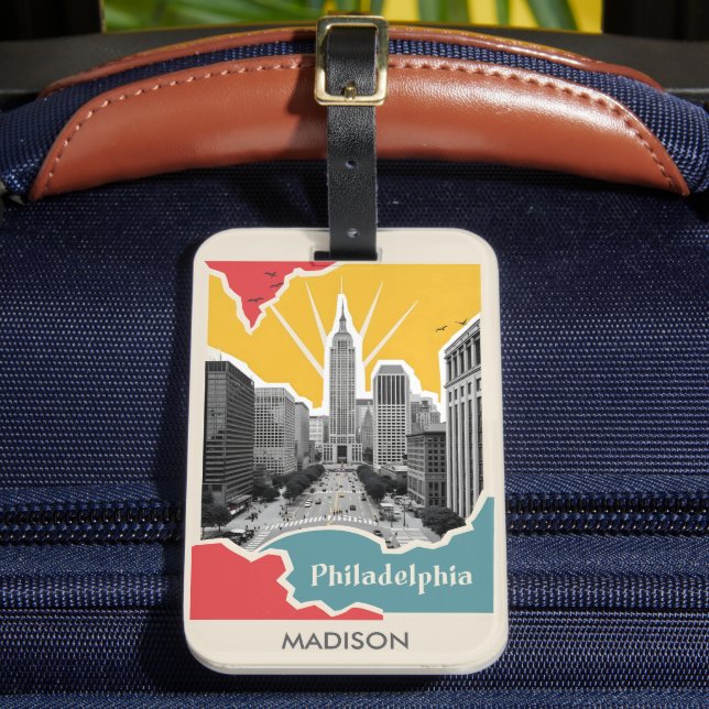 Etiqueta De Bagagem Nome Personalizado Retro Philadelphia (Frente Insitu 2)
