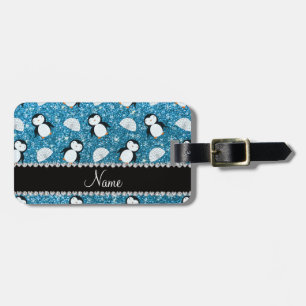 Etiqueta De Bagagem Nome personalizado sky blue glitter penguins igloo