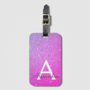 Etiqueta De Bagagem Nome roxo cor-de-rosa do monograma do brilho da
