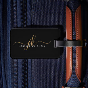 Etiqueta De Bagagem Nome Simples do Monograma de Script Dourado Preto