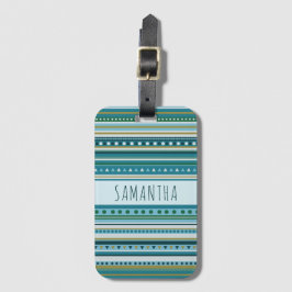 Etiqueta De Bagagem Nome Tribal Teal Blue Stripes Padrão Bagagem