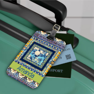 Etiqueta De Bagagem Nota de monograma elegante de azulejo azul floral