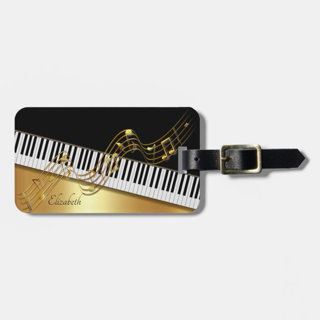 Etiqueta De Bagagem Notas Douradas elegantes,Chaves Piano -Personaliza (Frente Horizontal)