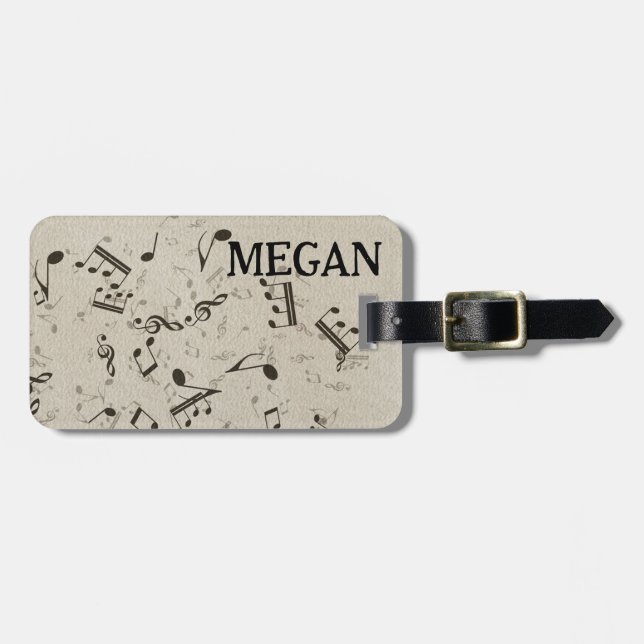 Etiqueta De Bagagem Notas Musicais Brancas Personalizadas em Preto (Frente Horizontal)