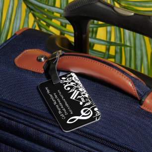 Etiqueta De Bagagem Notas Musicais Brancas Personalizadas em Preto