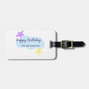 Etiqueta De Bagagem Nuvens azul pastel estrelas roxo feliz aniversário