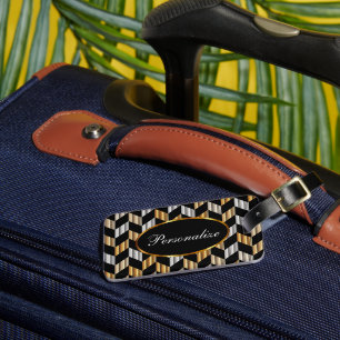 Etiqueta De Bagagem O ouro metálico & o Herringbone preto  