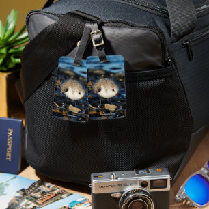 Etiqueta De Bagagem O Saneamento Fofo Goza A Jantar De Marisco Na Prai