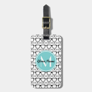 Etiqueta De Bagagem Óculos de Geek Retro Preto Nome Personalizado Aqua