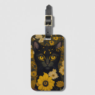 Etiqueta De Bagagem Olhos Amarelos de Gato Negro Flores de Vintagem #2