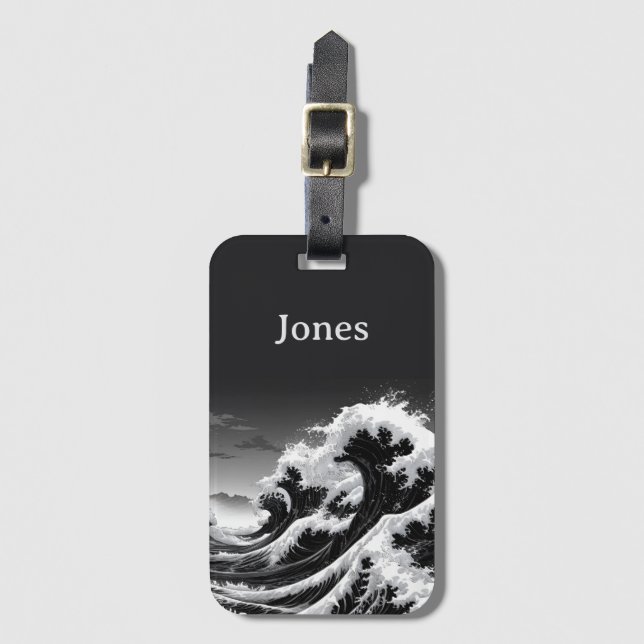 Etiqueta De Bagagem Ondas de tsunami em preto e branco (Frente Vertical)
