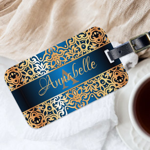 Etiqueta De Bagagem Ornamentado Vintage Brilhante, Dourada E Azul, Cla