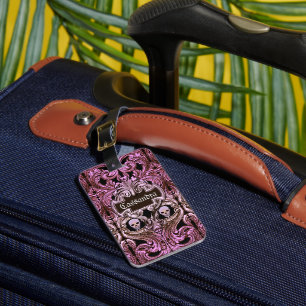 Etiqueta De Bagagem Ornamento cor-de-rosa do gótico com o crânio