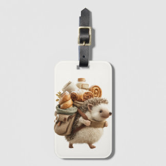 Etiqueta De Bagagem ouriço-cacheiro usando uma mochila cheia de pastel