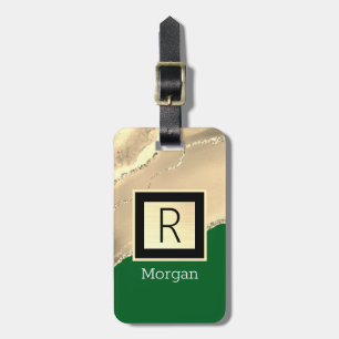 Etiqueta De Bagagem Ouro Agare, Nome Branco & Monograma Preto, Verde 