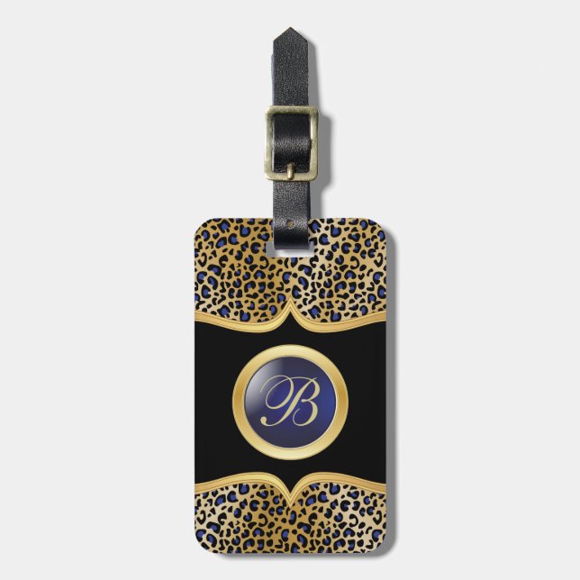 Etiqueta De Bagagem Ouro & azul animais do monograma | do impressão | (Frente Vertical)