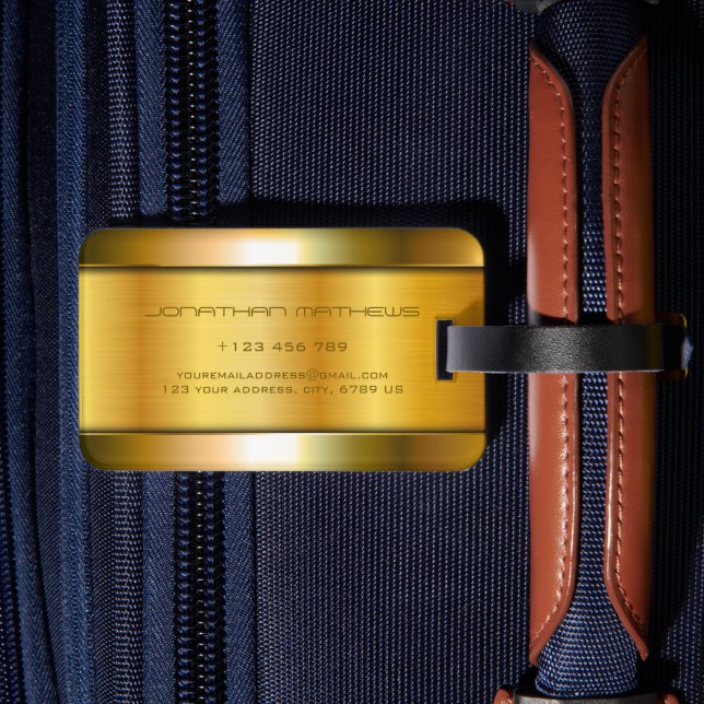 Etiqueta De Bagagem Ouro brilhante metálico, aparência luxuosa, aço in (Verso Insitu 2)