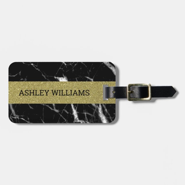 Etiqueta De Bagagem Ouro e mármore preto nomeados (Frente Horizontal)