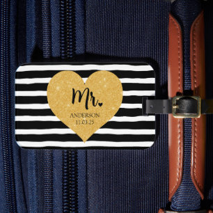 Etiqueta De Bagagem Ouro Elegante Recem casados Black Stripes