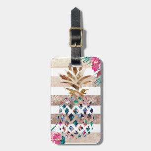 Etiqueta De Bagagem Ouro floral do abacaxi listrado