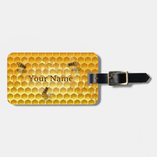 Etiqueta De Bagagem Ouro Honeycomb com abelhas Personalizada (Frente Horizontal)