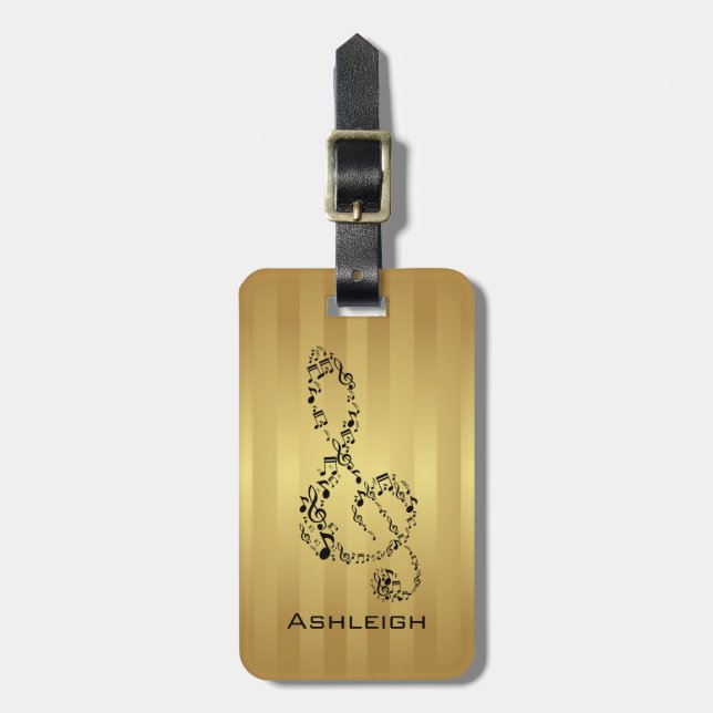 Etiqueta De Bagagem Ouro Strike Black Treble Clef Music Notes (Frente Vertical)